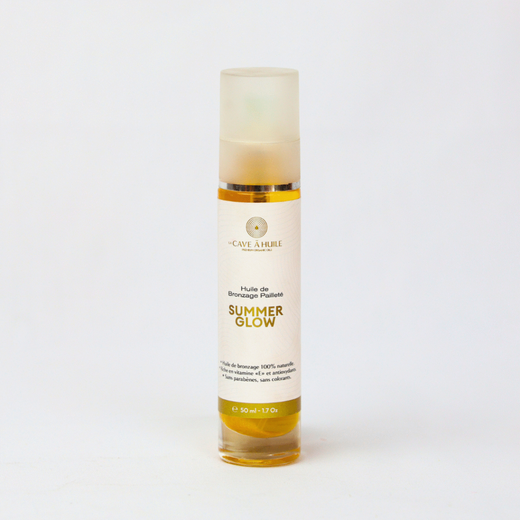 Huile de bronzage nacrée pailletée nourissante