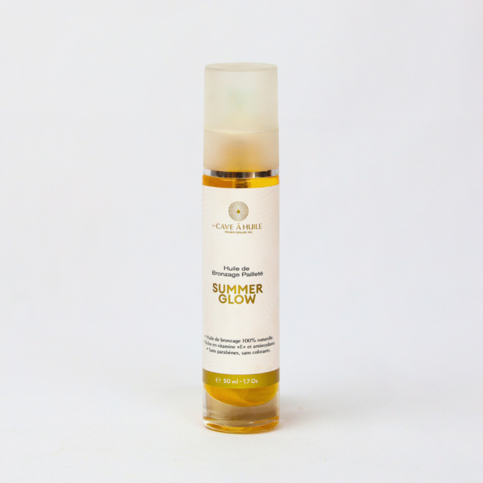 Huile de bronzage nacrée pailletée nourissante